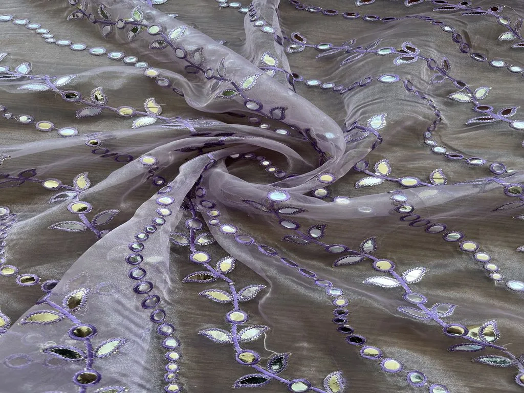 Lilac Floral Embroidered Faux Silver Gota Patti Organza Fabric