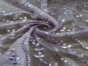 Lilac Floral Embroidered Faux Silver Gota Patti Organza Fabric