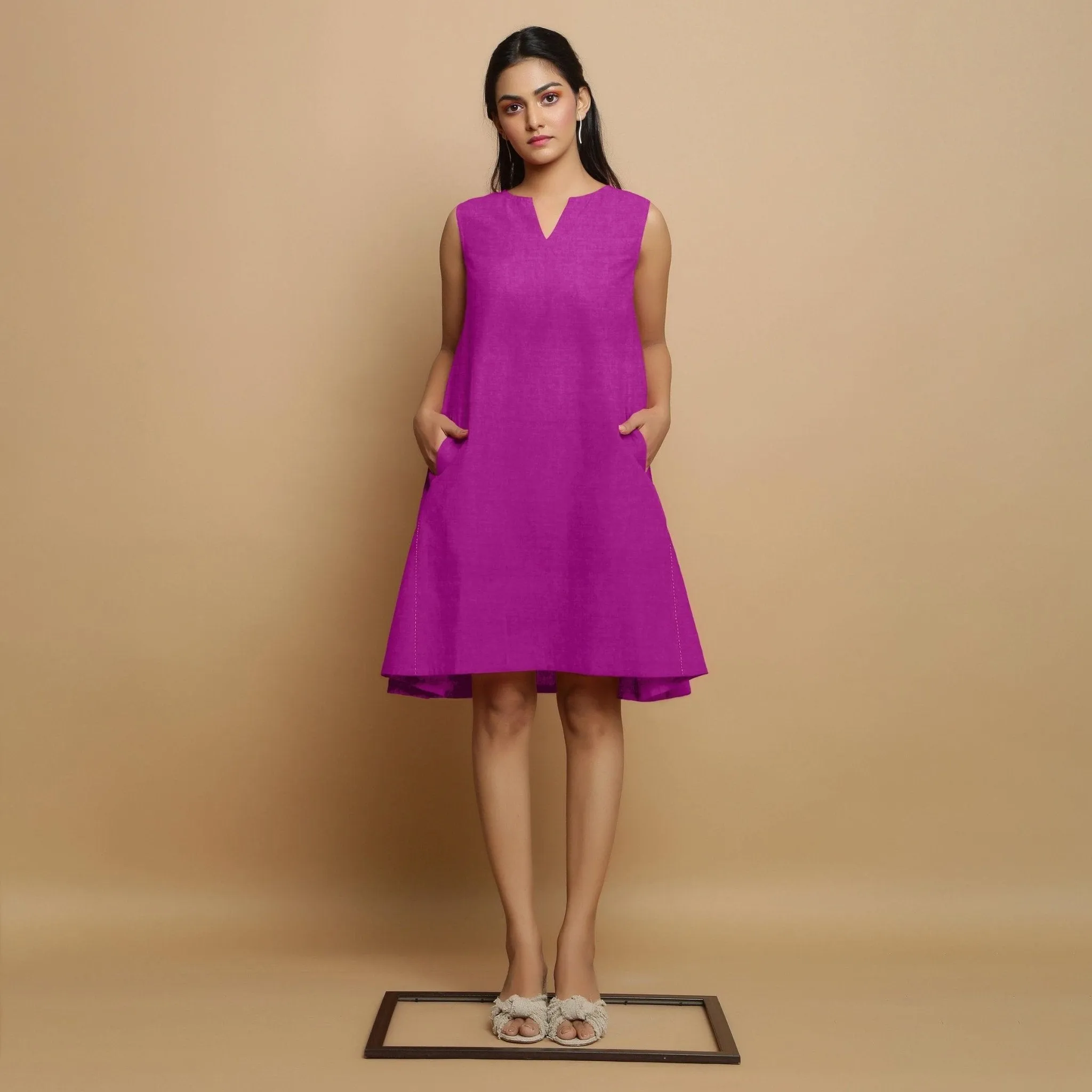 Magenta Linen Embroidered Knee-Length Godet Dress