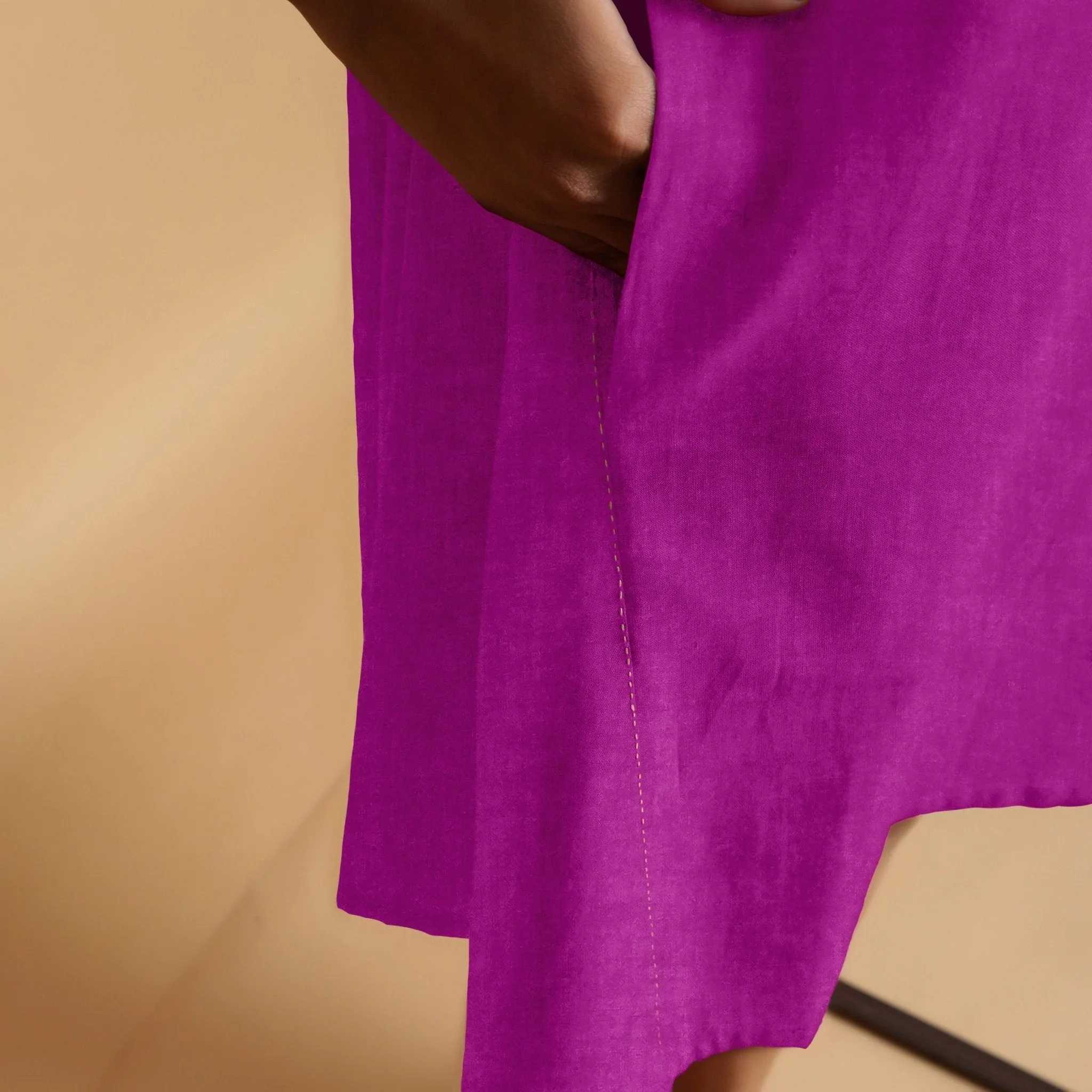 Magenta Linen Embroidered Knee-Length Godet Dress
