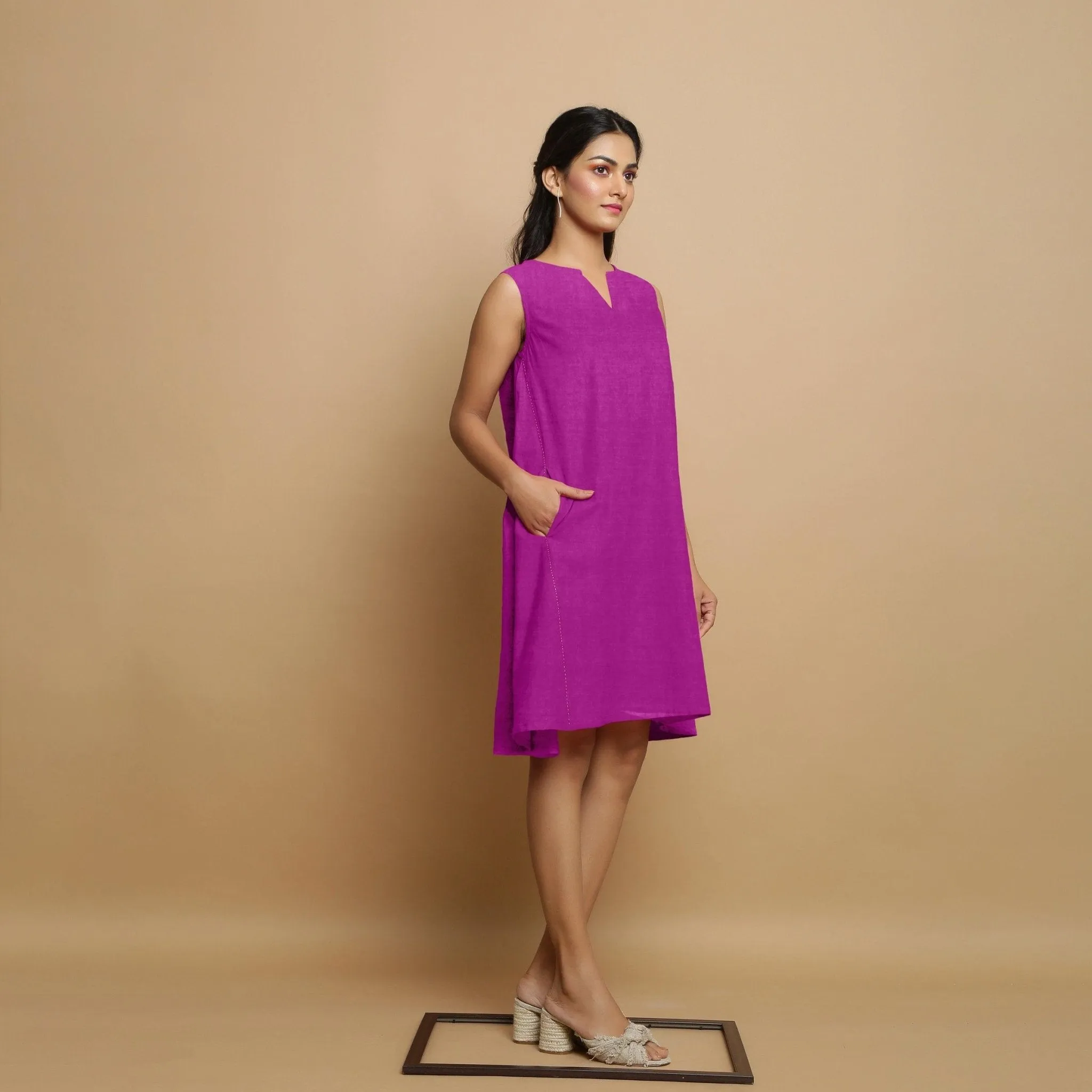Magenta Linen Embroidered Knee-Length Godet Dress
