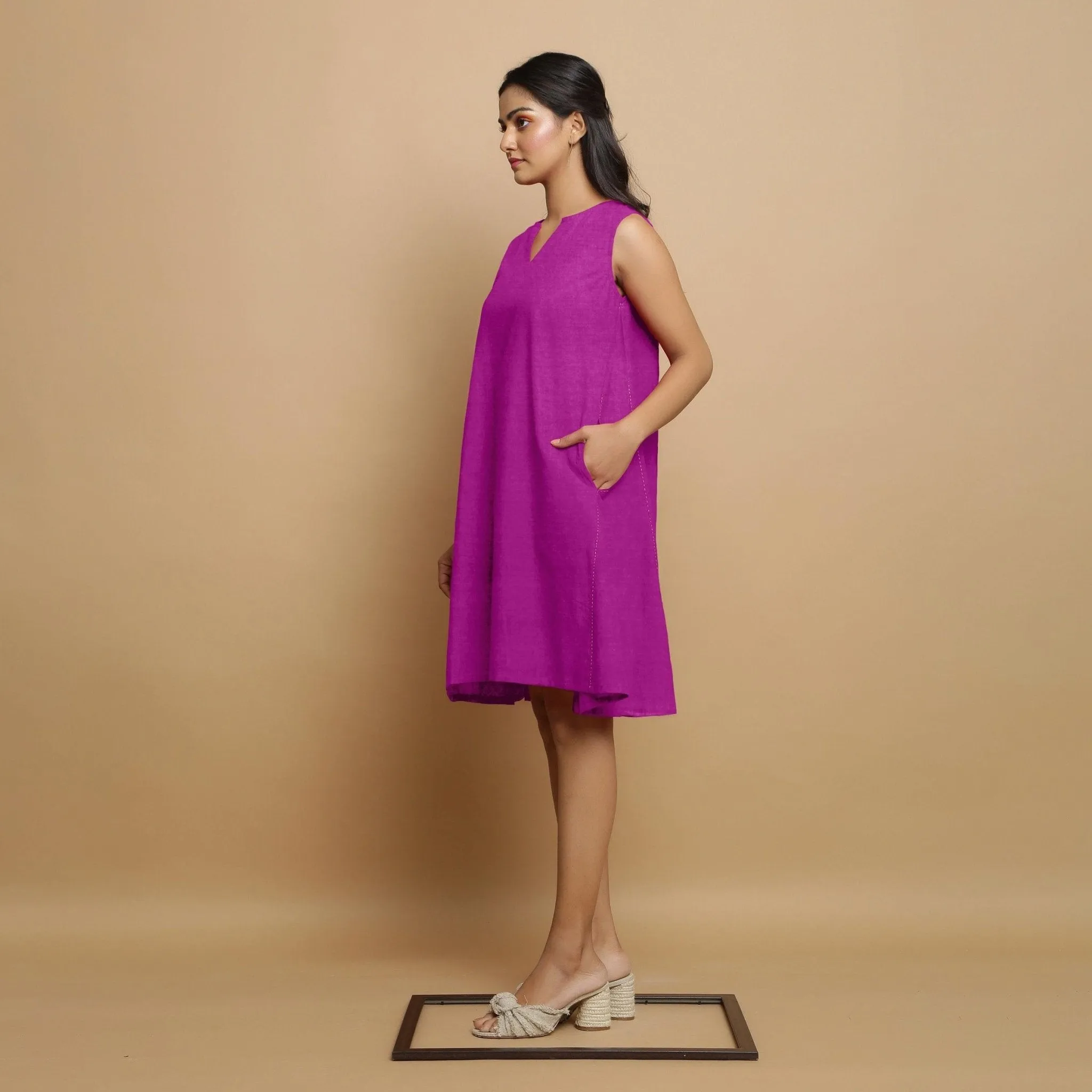 Magenta Linen Embroidered Knee-Length Godet Dress