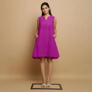 Magenta Linen Embroidered Knee-Length Godet Dress