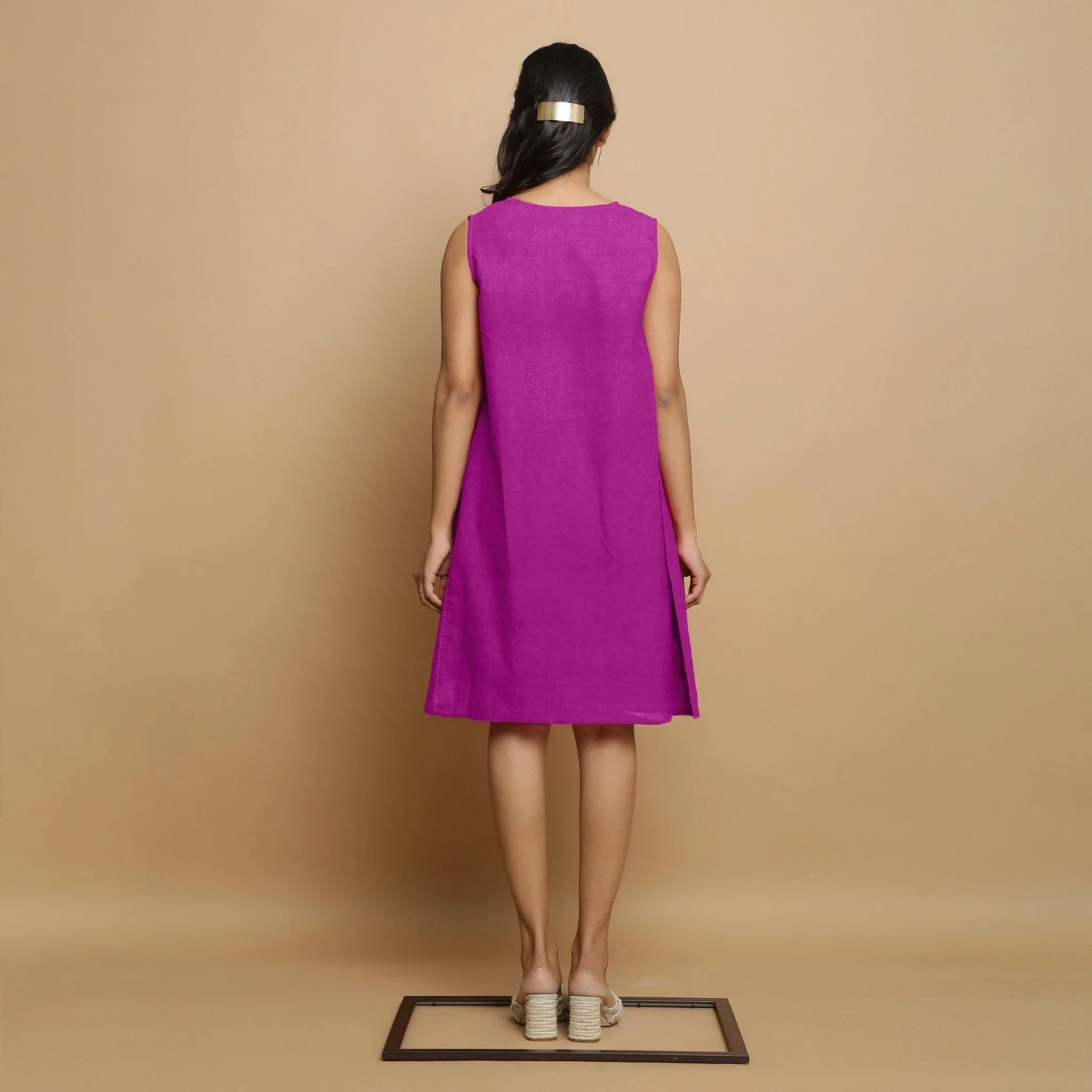 Magenta Linen Embroidered Knee-Length Godet Dress
