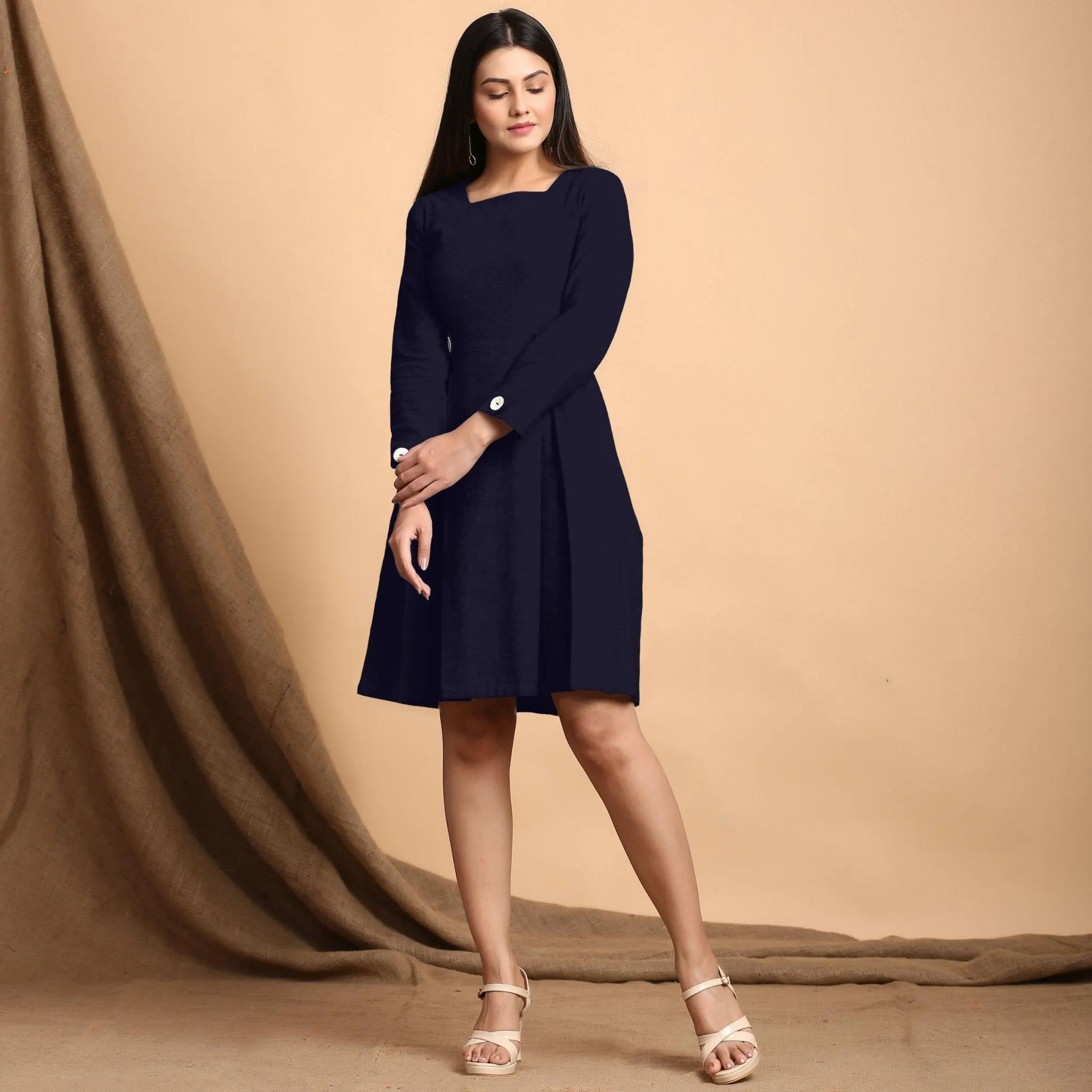 Navy Blue Cotton Flax Square Neck Pleated Short Dress