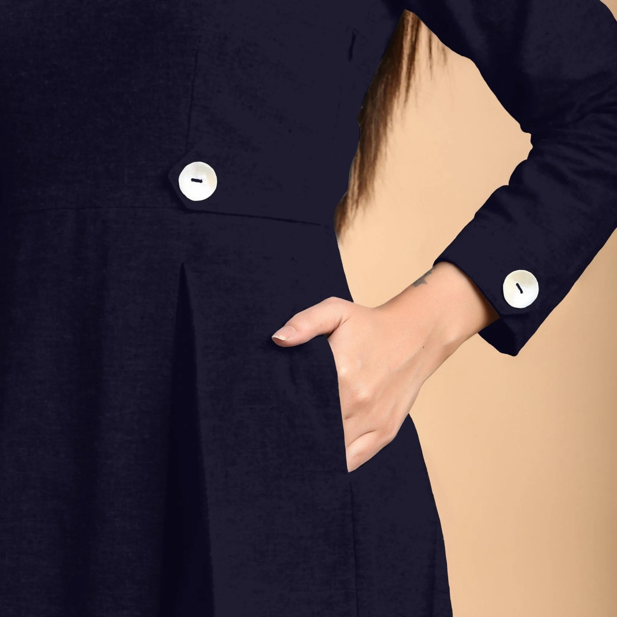 Navy Blue Cotton Flax Square Neck Pleated Short Dress