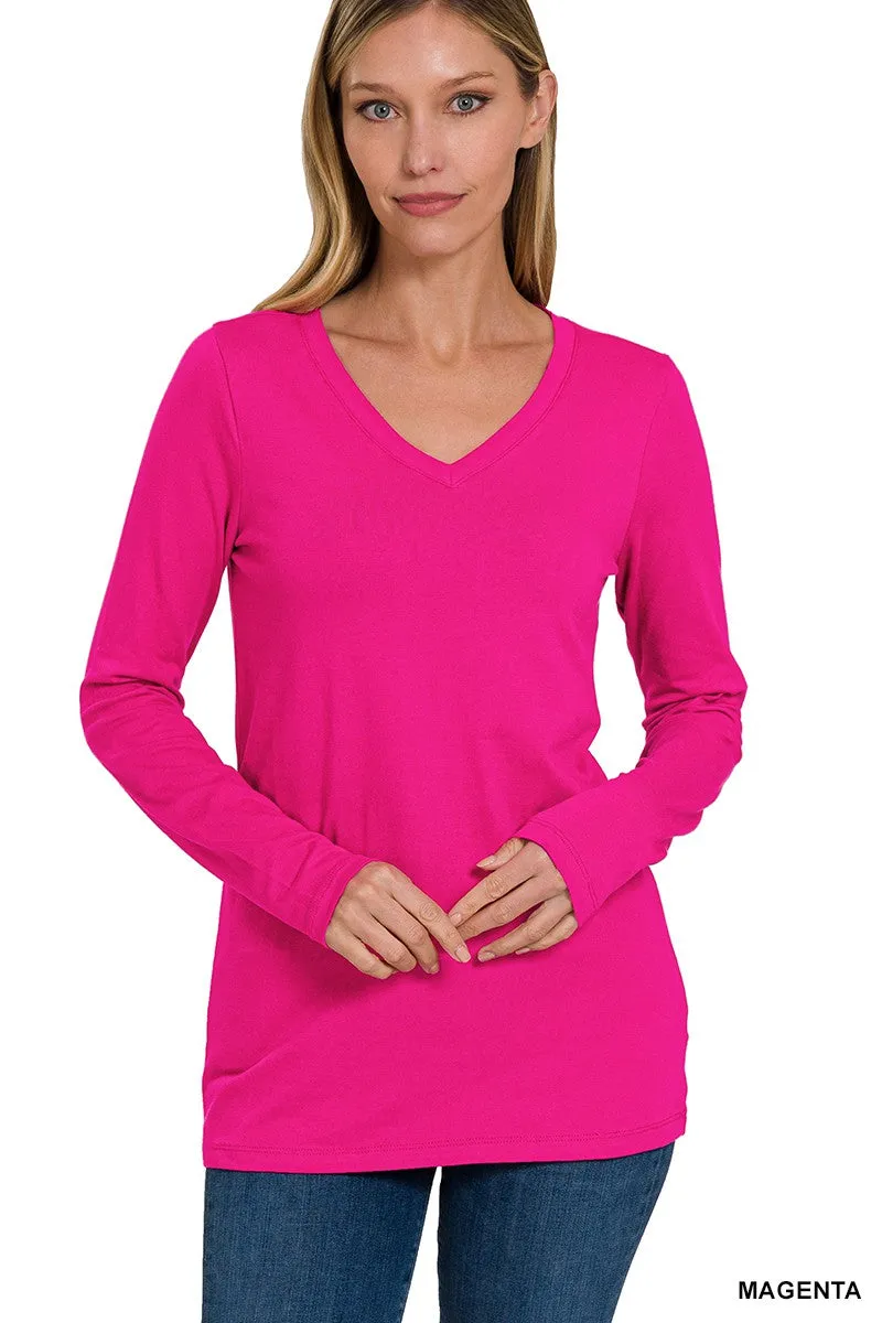 Pink V-neck Long Sleeve Tee