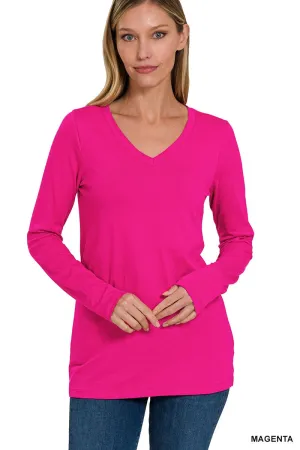 Pink V-neck Long Sleeve Tee