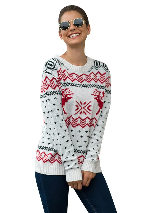 Reindeer Snowflake Pullover Sweater White