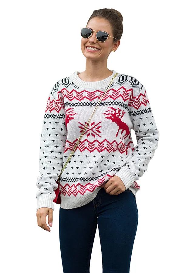 Reindeer Snowflake Pullover Sweater White
