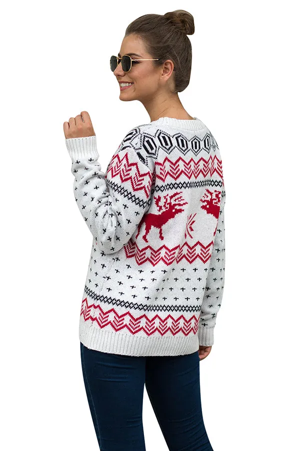 Reindeer Snowflake Pullover Sweater White