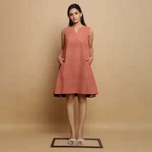 Rust Linen Hand-Embroidered Knee-Length Godet Dress