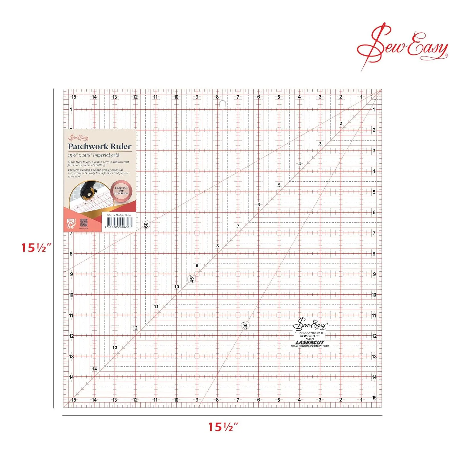 Sew Easy Quilting Patchwork Square Ruler 15.5" x 15.5"