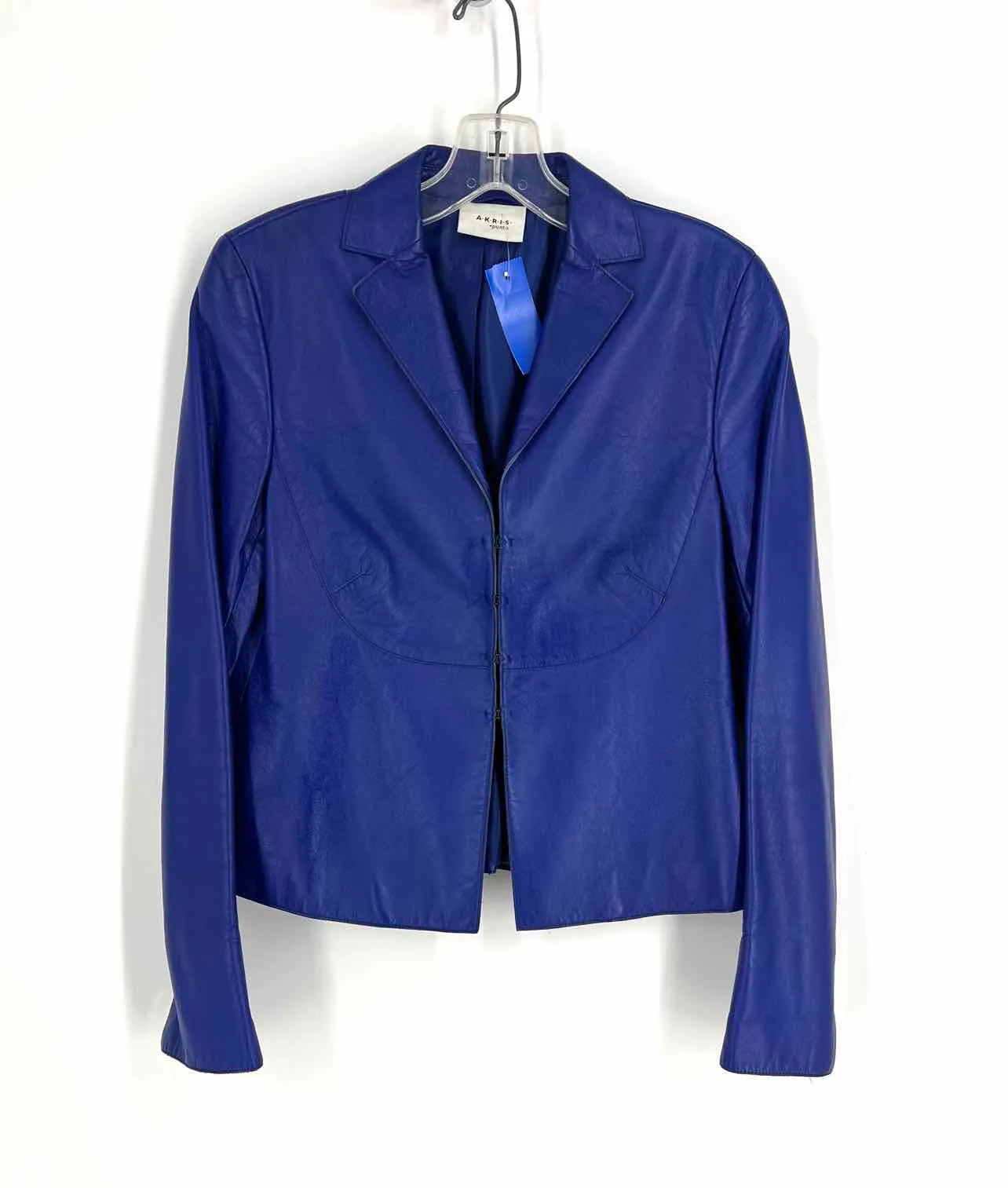 Size 6 Blue Solid Leather Designer Blazer