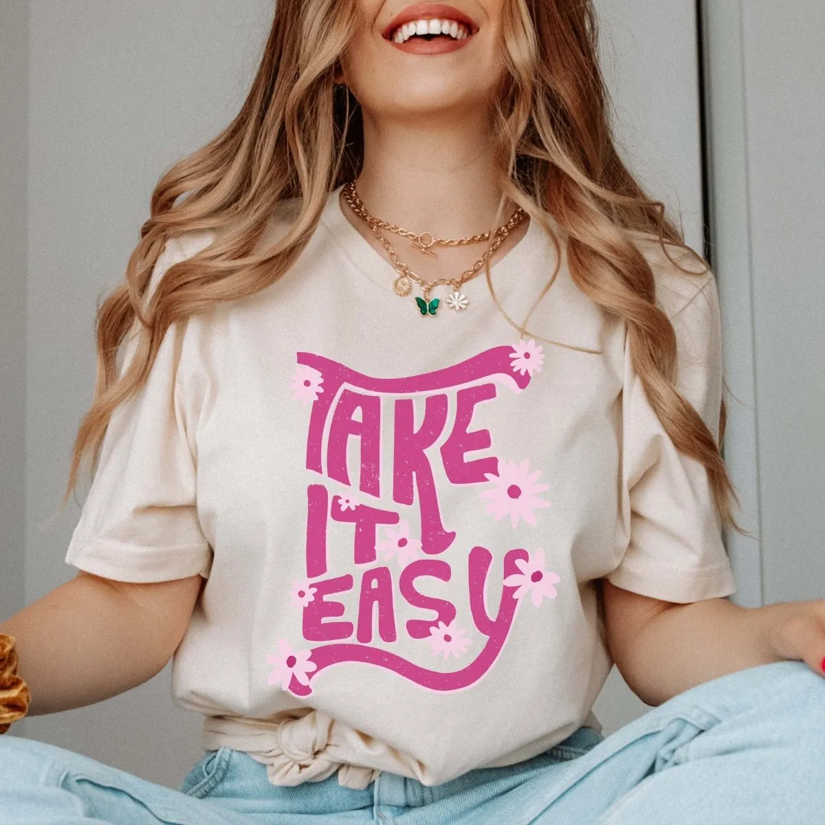 Take It Easy Pink Daisy Wholesale Tee