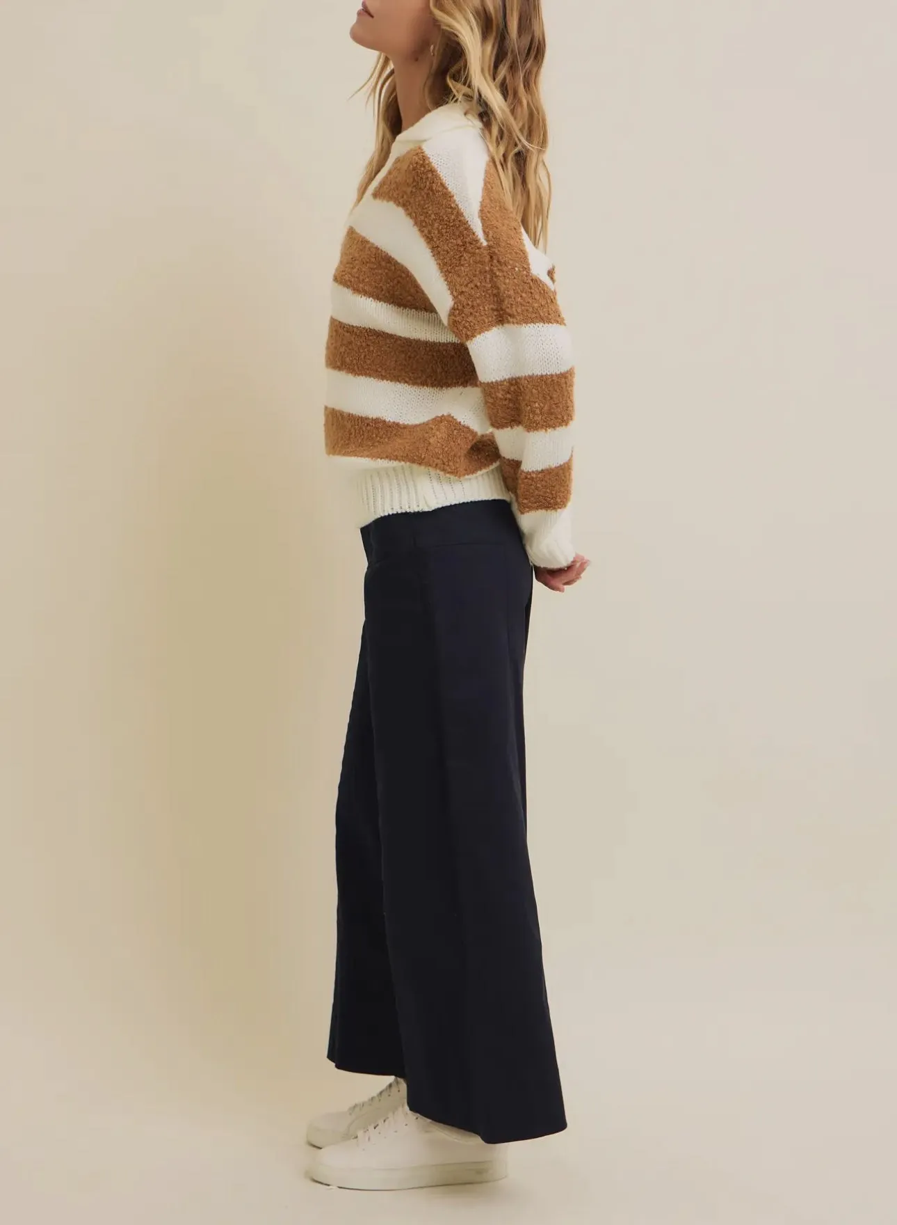 Teddy Bear Sweater - V Neck Striped Camel and Creme LAST ONE!