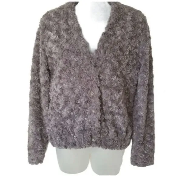 TROUVE Sweater Jacket Teddy Gray Silver Faux Fur Shiny Winter Layer Soft Size S