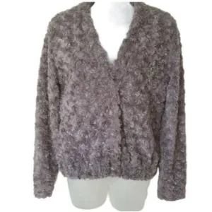 TROUVE Sweater Jacket Teddy Gray Silver Faux Fur Shiny Winter Layer Soft Size S