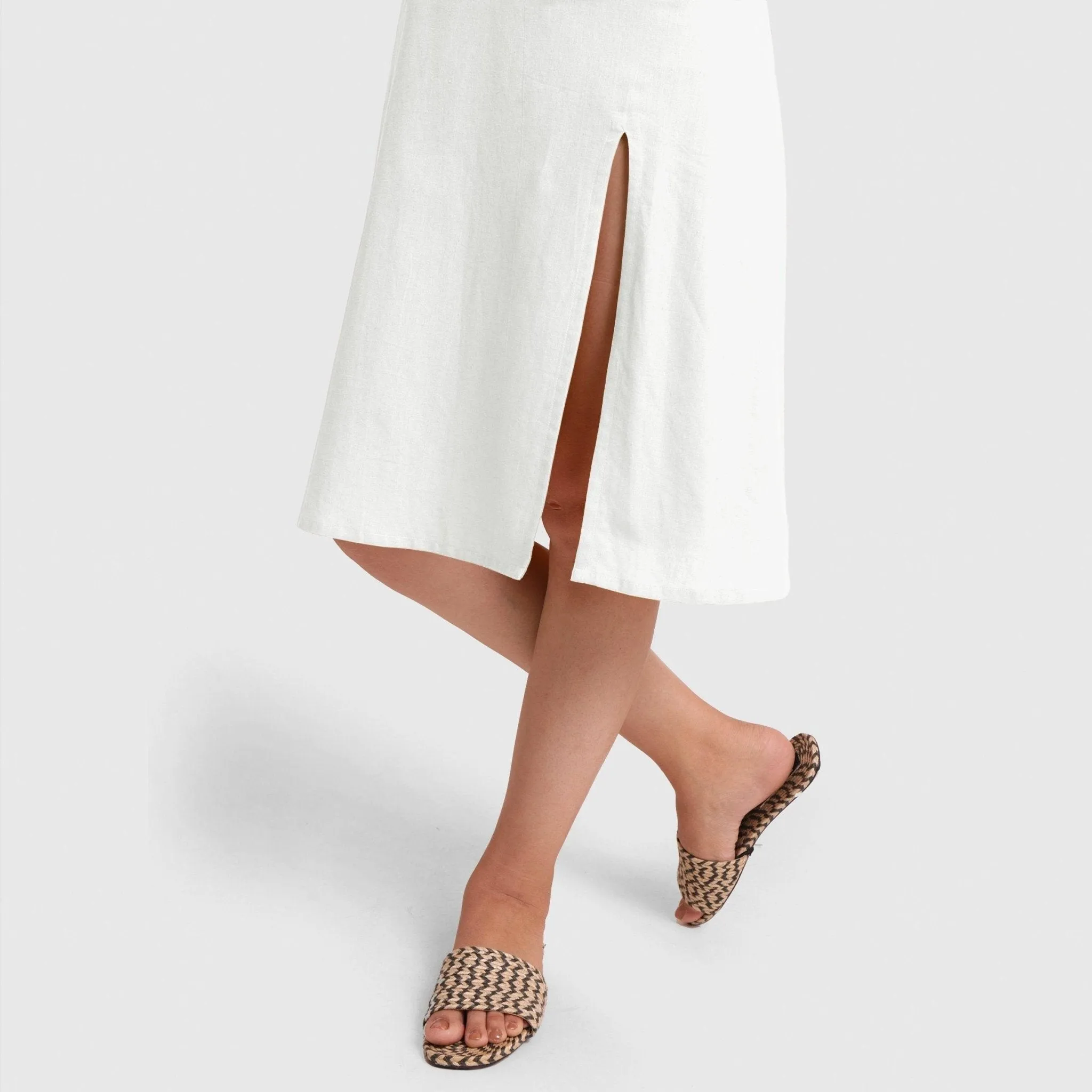 White Strappy Cotton Flax Knee Length Slit Dress