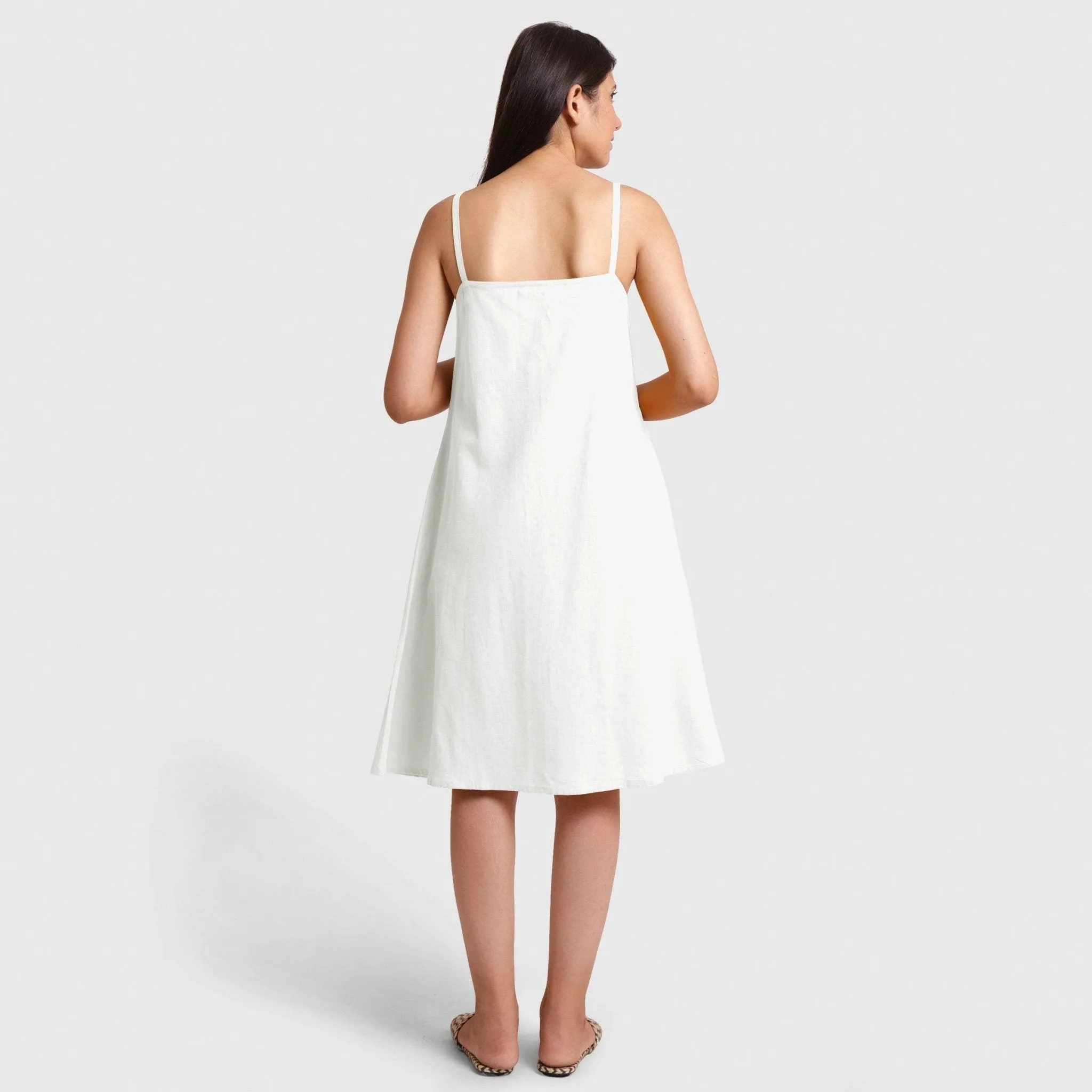 White Strappy Cotton Flax Knee Length Slit Dress