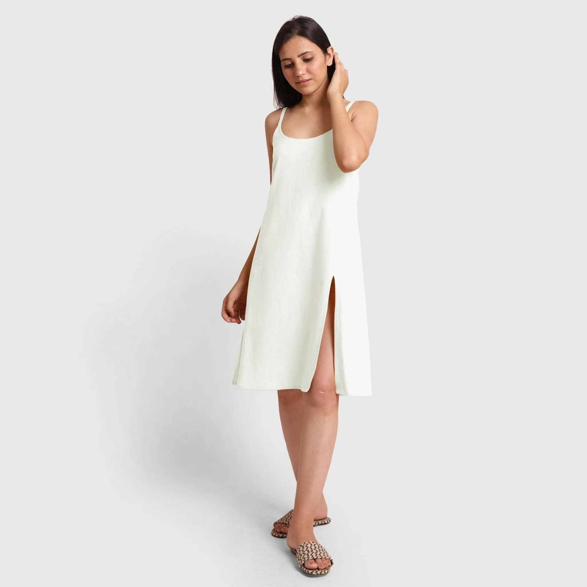 White Strappy Cotton Flax Knee Length Slit Dress
