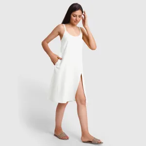 White Strappy Cotton Flax Knee Length Slit Dress