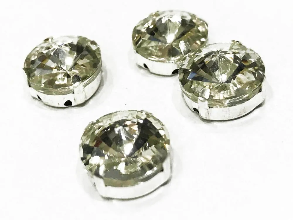 White Transparent Circular Glass Stones with Silver Catcher (12 mm) (Wholesale)