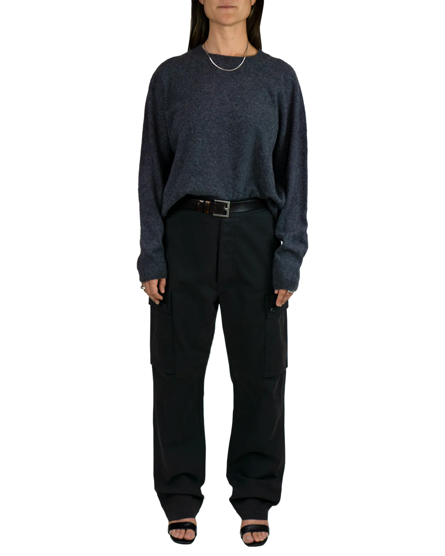 Women's Italian Brushed Cashmere Crew Neck Sweater in Charcoal