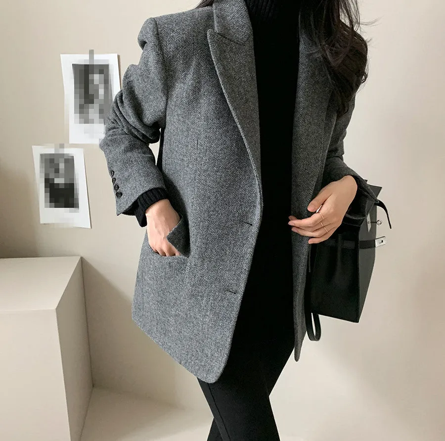 Women's Solid Color Tweed Herringbone Wool Blazer