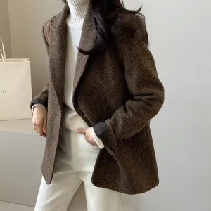 Women's Solid Color Tweed Herringbone Wool Blazer