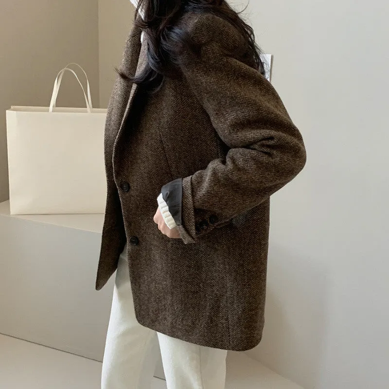 Women's Solid Color Tweed Herringbone Wool Blazer