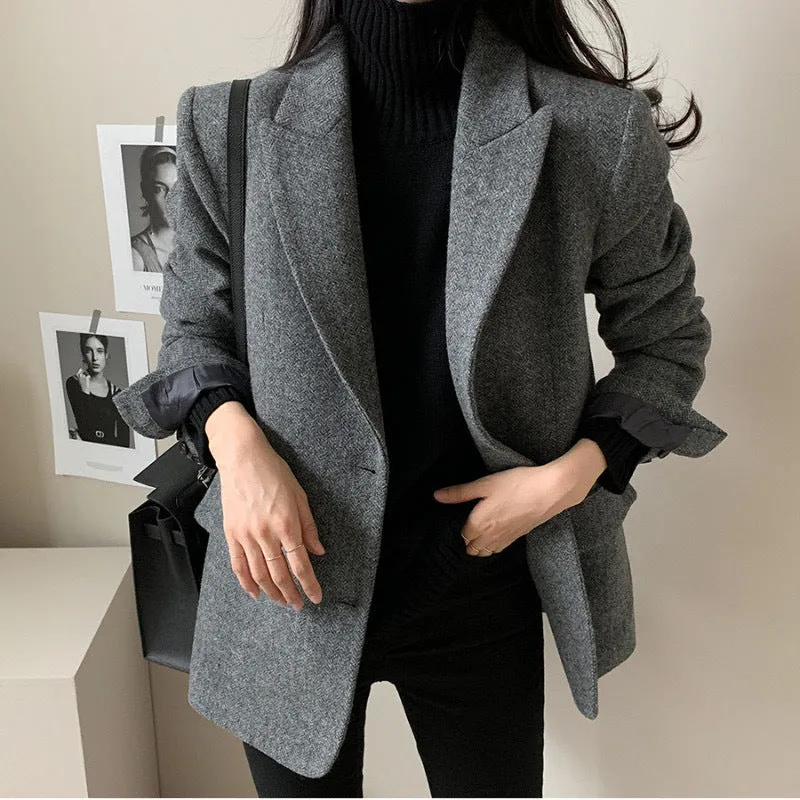 Women's Solid Color Tweed Herringbone Wool Blazer