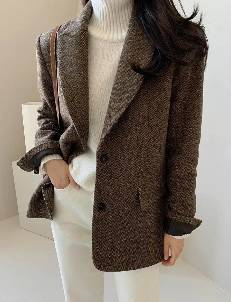 Women's Solid Color Tweed Herringbone Wool Blazer