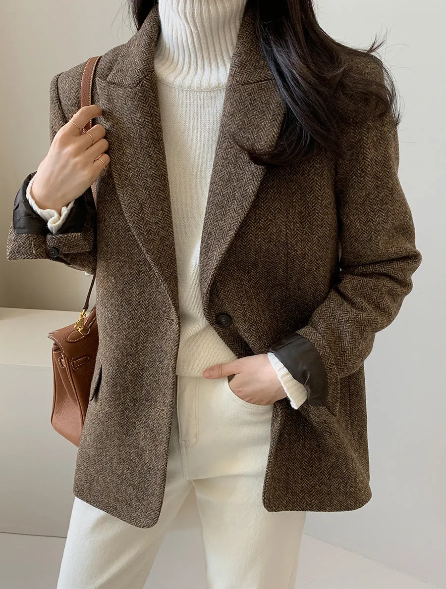 Women's Solid Color Tweed Herringbone Wool Blazer