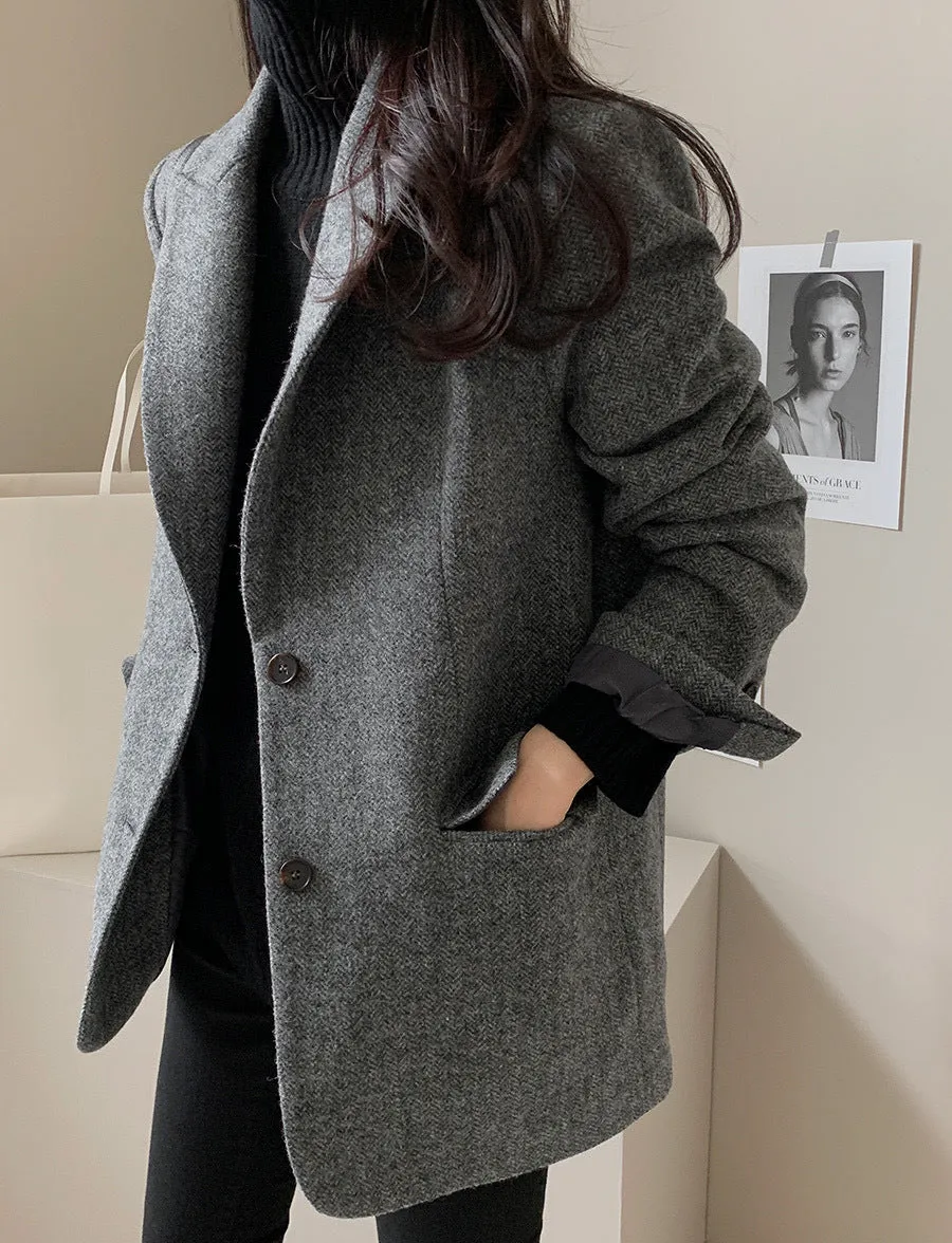 Women's Solid Color Tweed Herringbone Wool Blazer