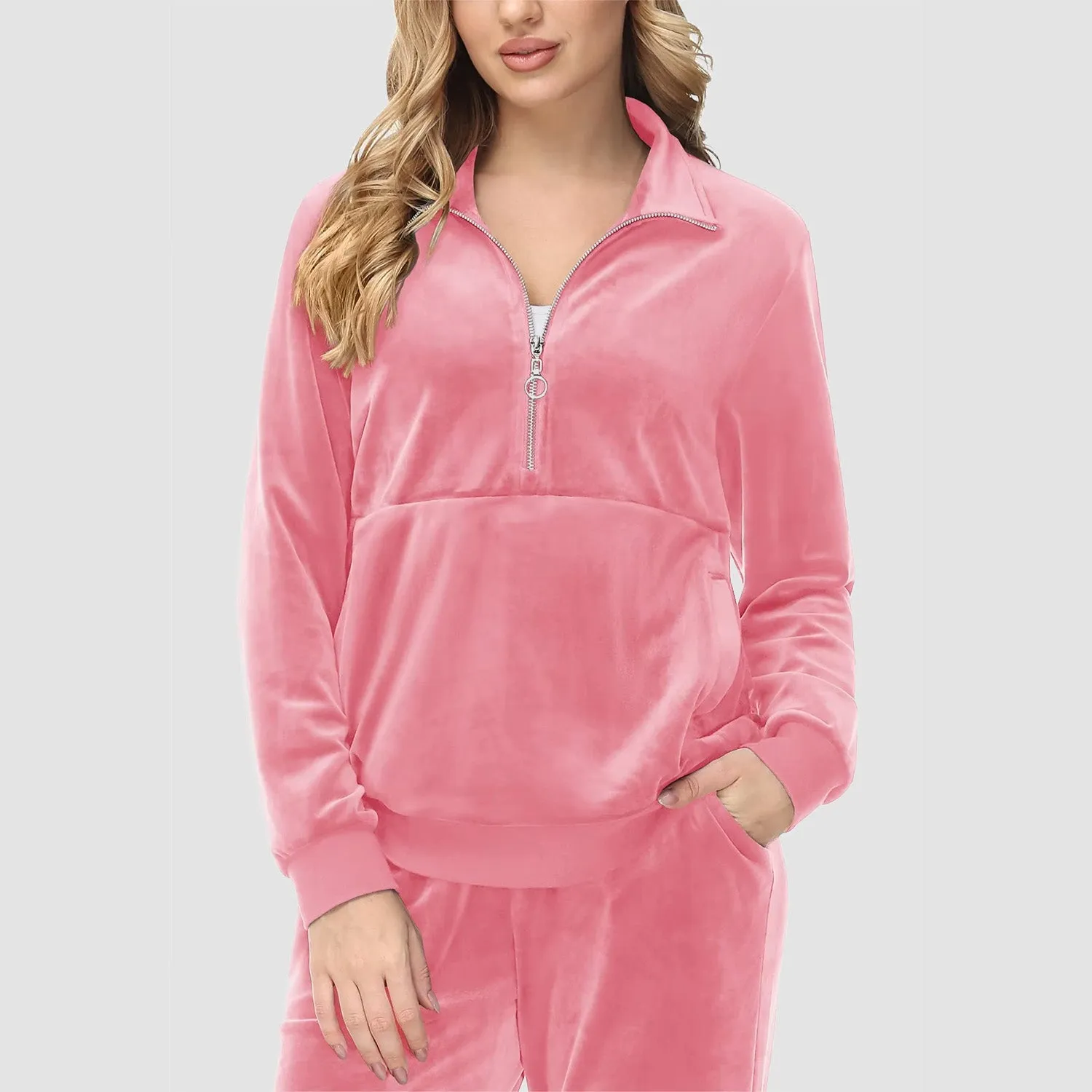 Women's Sweaters Half Zipper Long Sleeve Velour Sweatershirts Fleece Warm