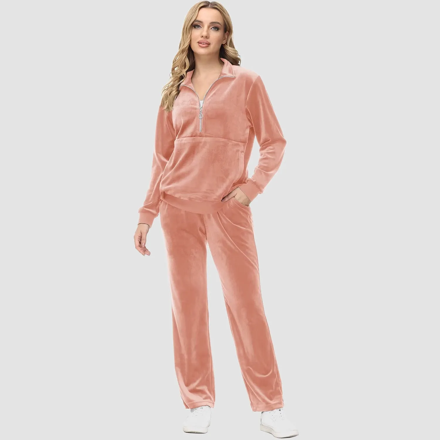Women's Sweaters Half Zipper Long Sleeve Velour Sweatershirts Fleece Warm