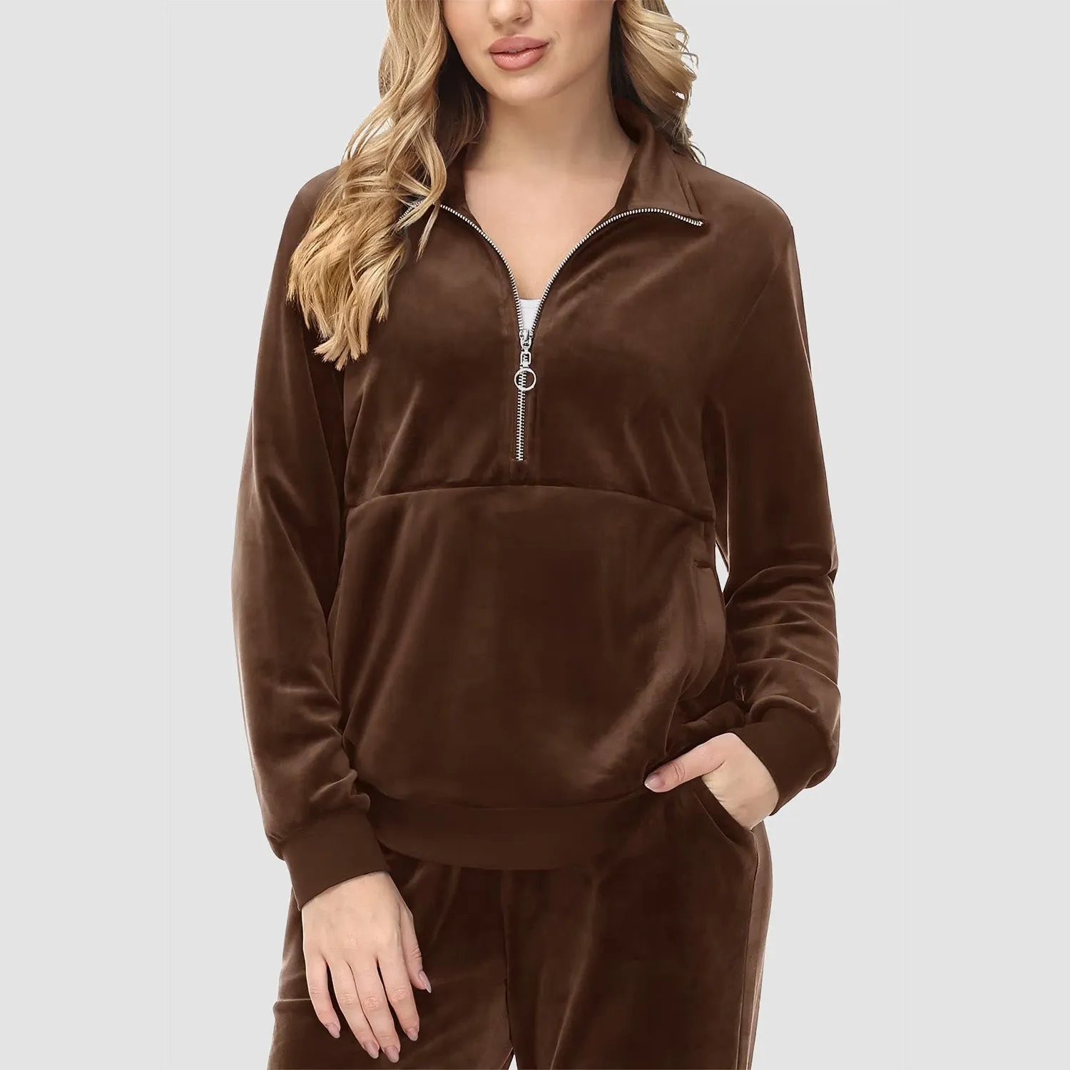 Women's Sweaters Half Zipper Long Sleeve Velour Sweatershirts Fleece Warm
