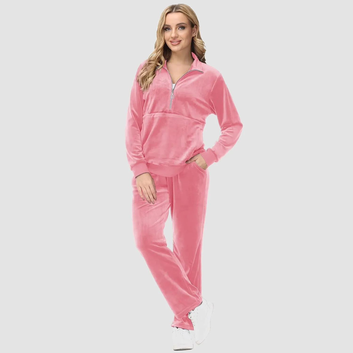 Women's Sweaters Half Zipper Long Sleeve Velour Sweatershirts Fleece Warm