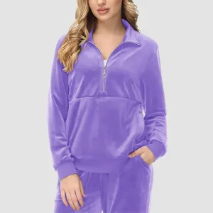 Women's Sweaters Half Zipper Long Sleeve Velour Sweatershirts Fleece Warm