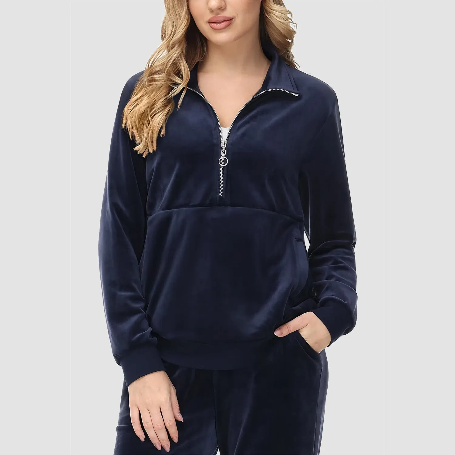 Women's Sweaters Half Zipper Long Sleeve Velour Sweatershirts Fleece Warm
