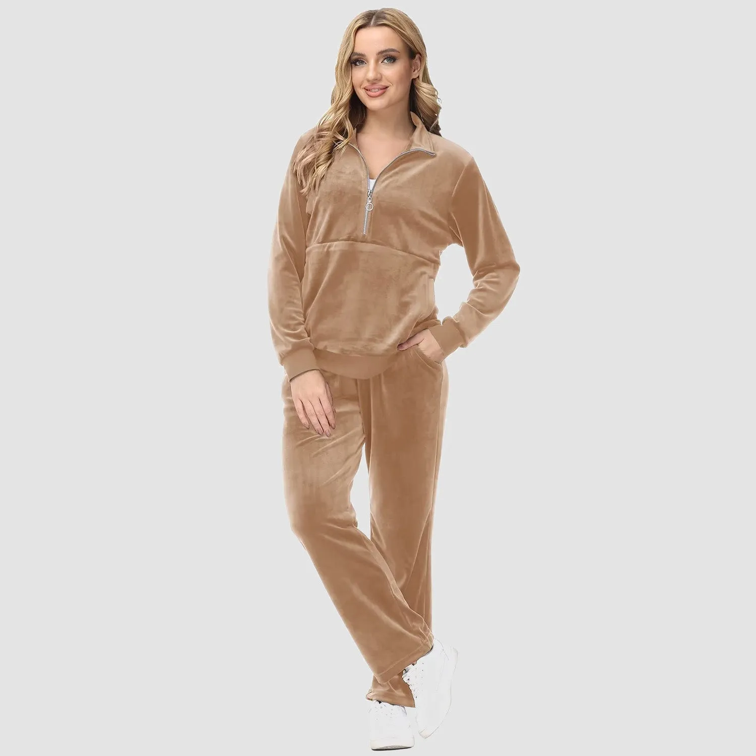 Women's Sweaters Half Zipper Long Sleeve Velour Sweatershirts Fleece Warm