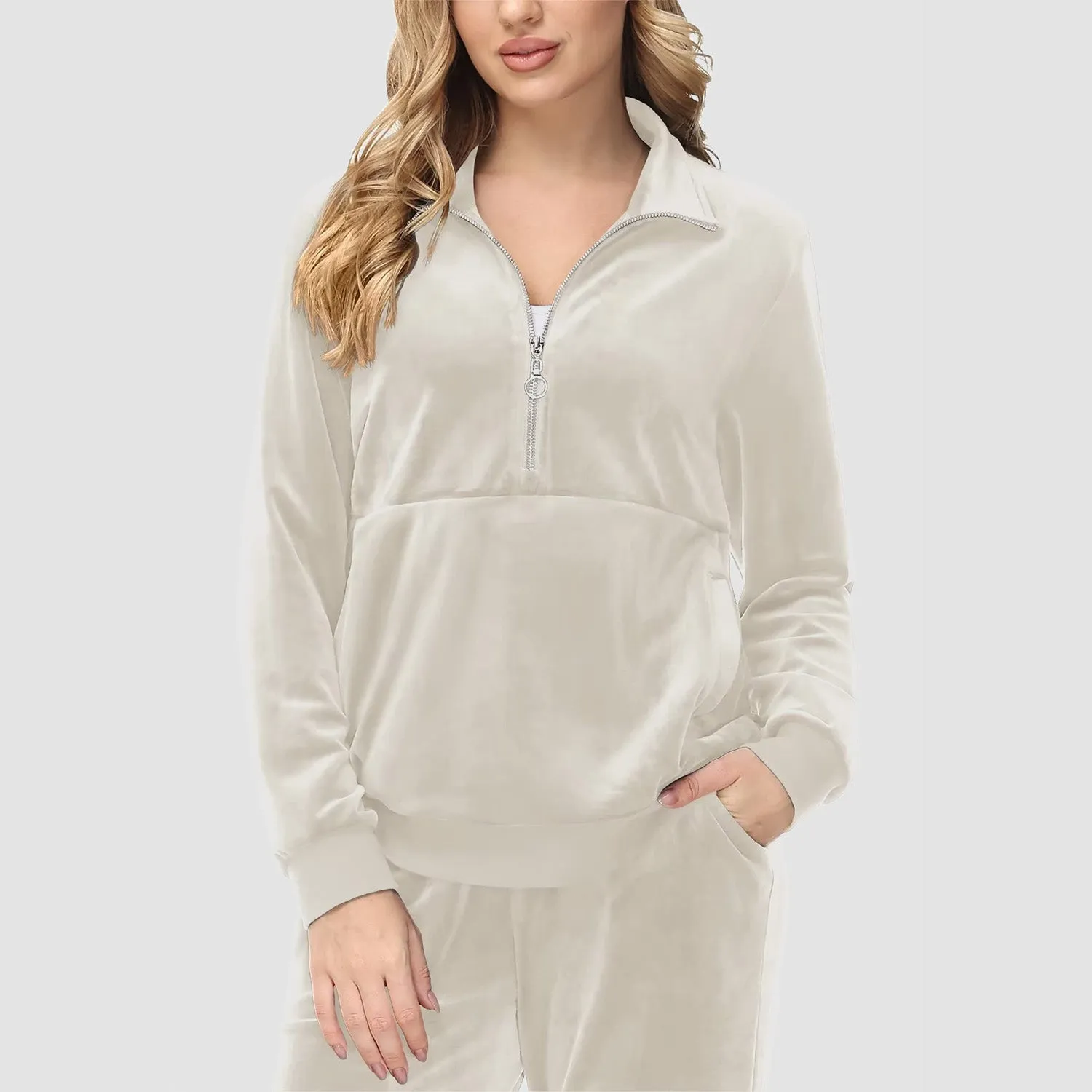 Women's Sweaters Half Zipper Long Sleeve Velour Sweatershirts Fleece Warm
