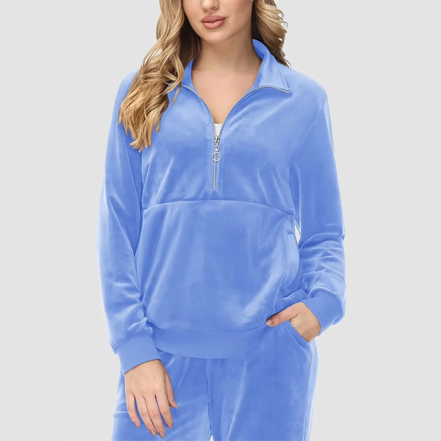 Women's Sweaters Half Zipper Long Sleeve Velour Sweatershirts Fleece Warm