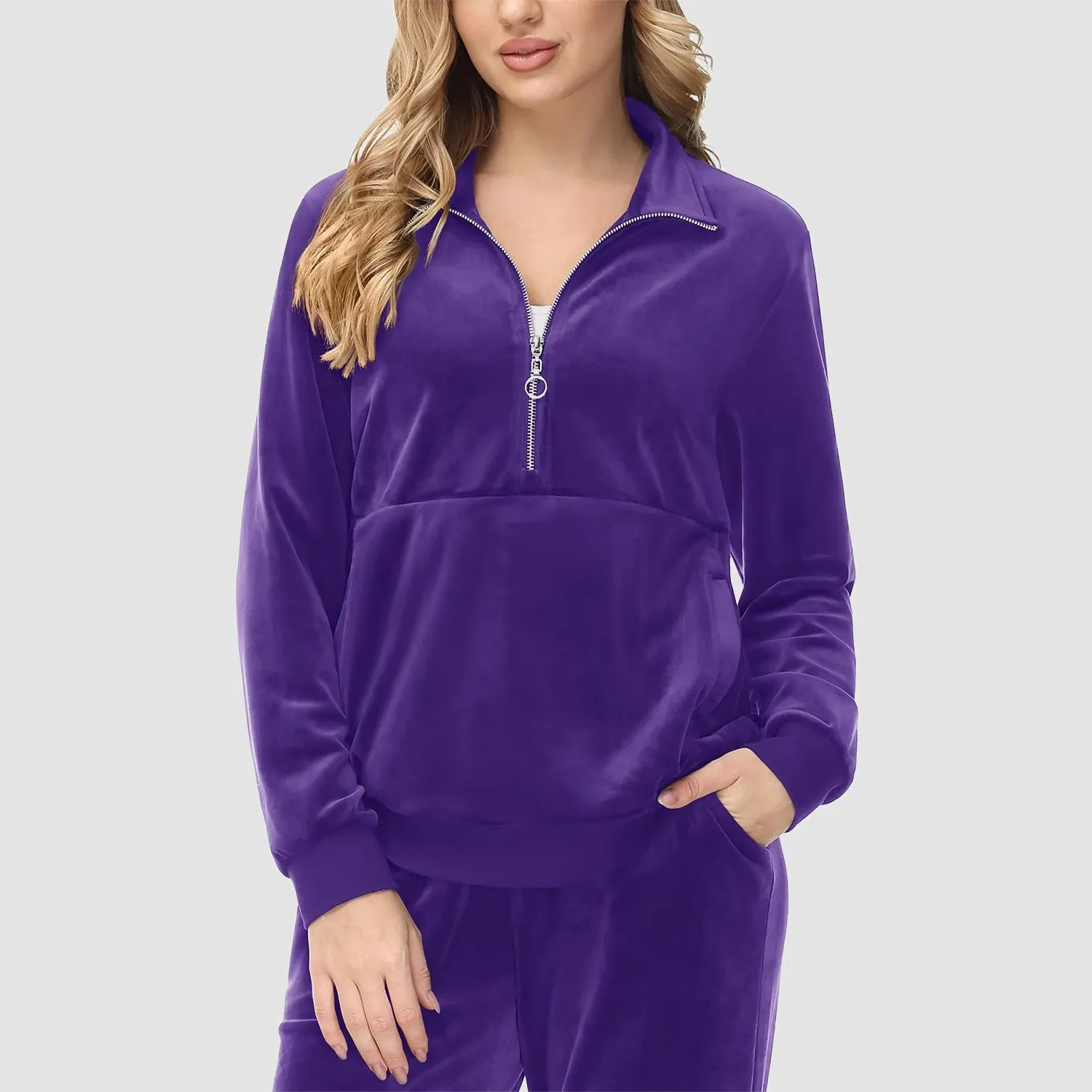Women's Sweaters Half Zipper Long Sleeve Velour Sweatershirts Fleece Warm