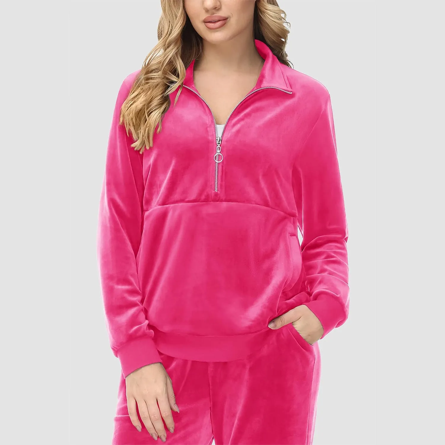 Women's Sweaters Half Zipper Long Sleeve Velour Sweatershirts Fleece Warm