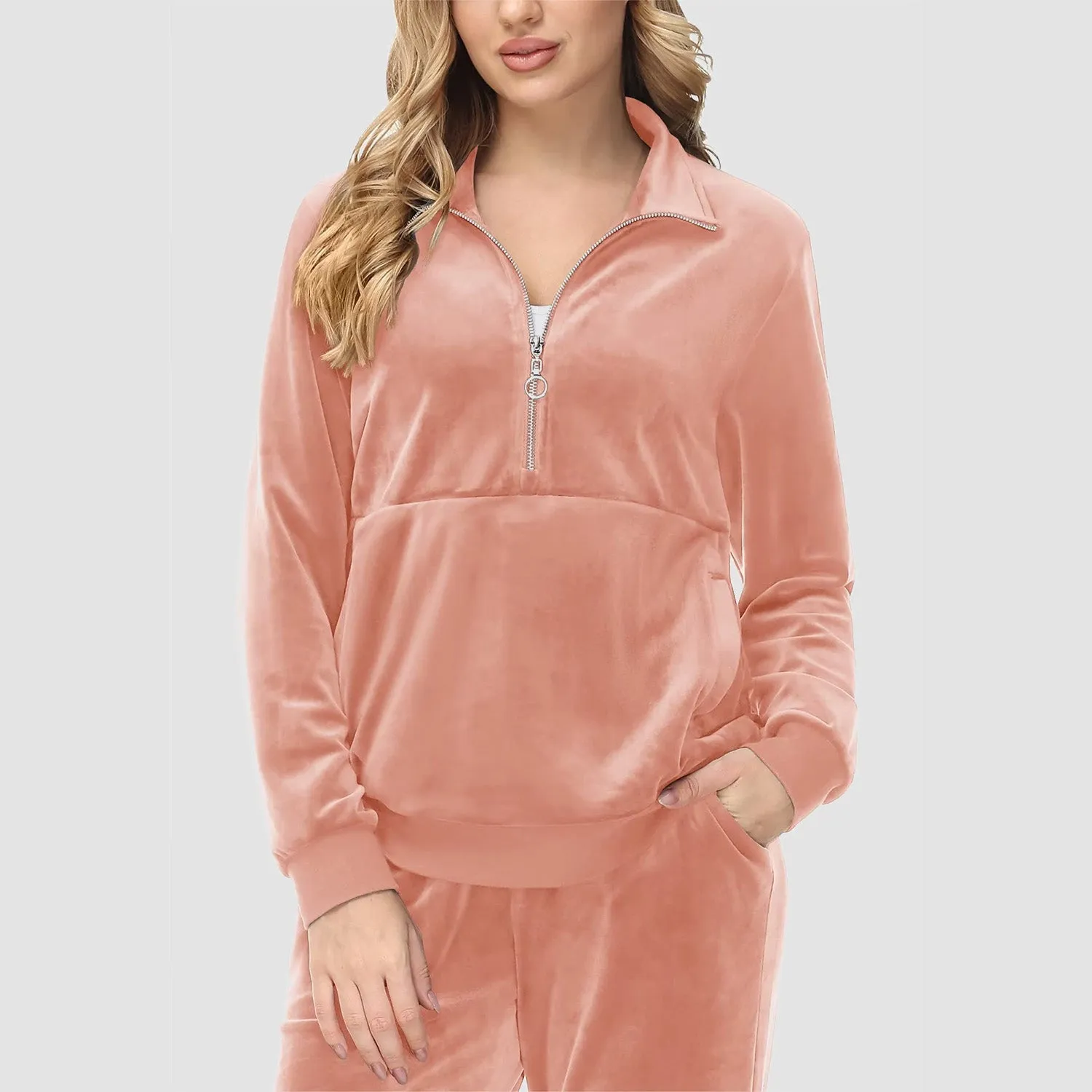Women's Sweaters Half Zipper Long Sleeve Velour Sweatershirts Fleece Warm