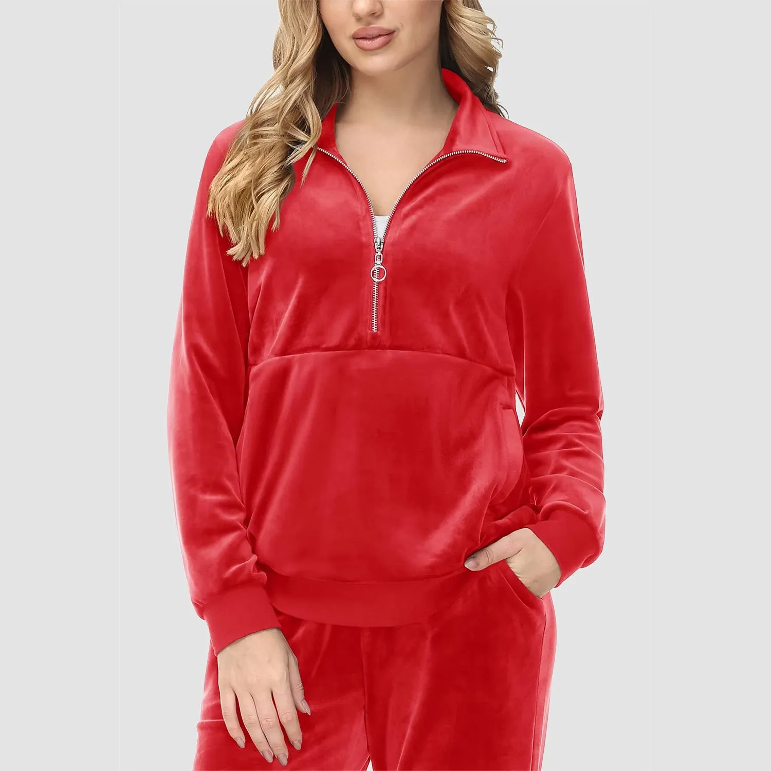 Women's Sweaters Half Zipper Long Sleeve Velour Sweatershirts Fleece Warm