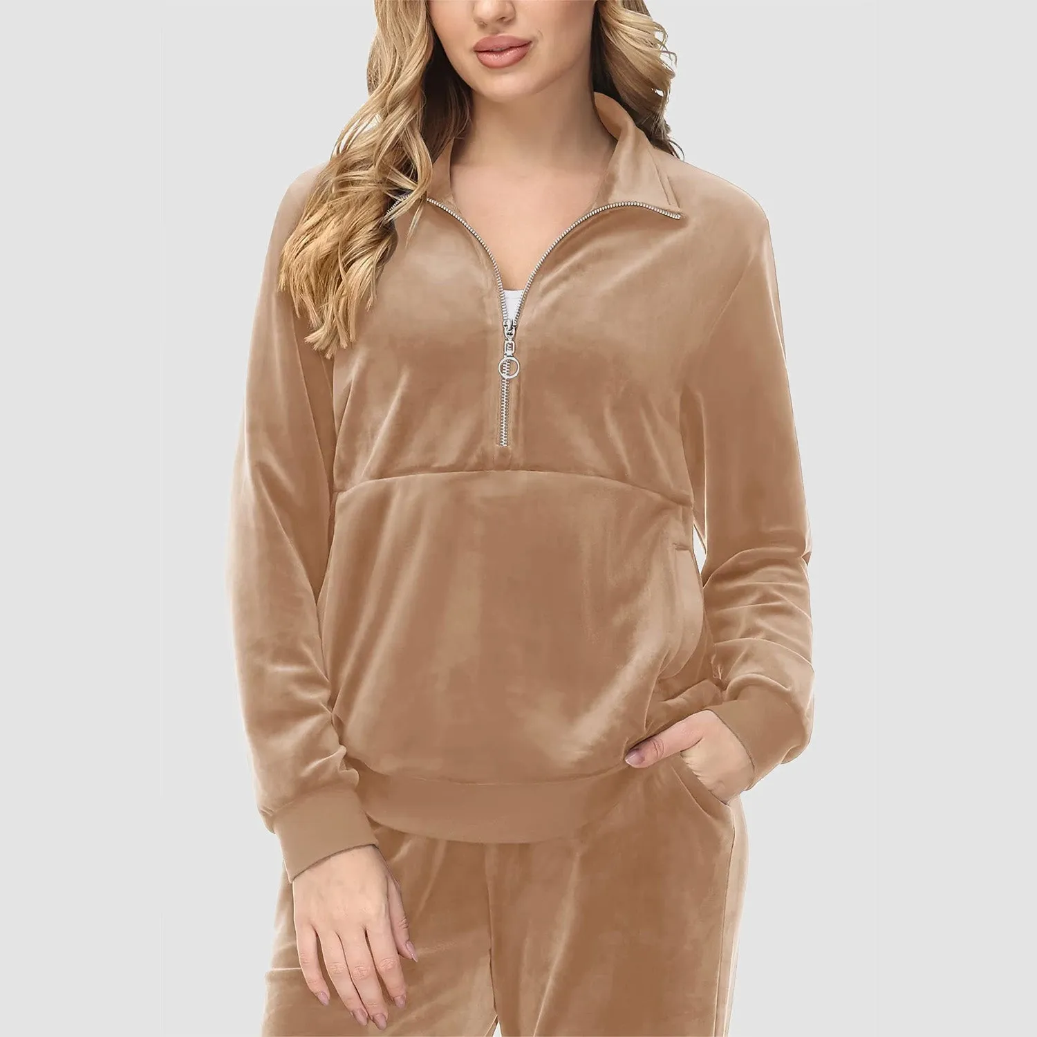 Women's Sweaters Half Zipper Long Sleeve Velour Sweatershirts Fleece Warm