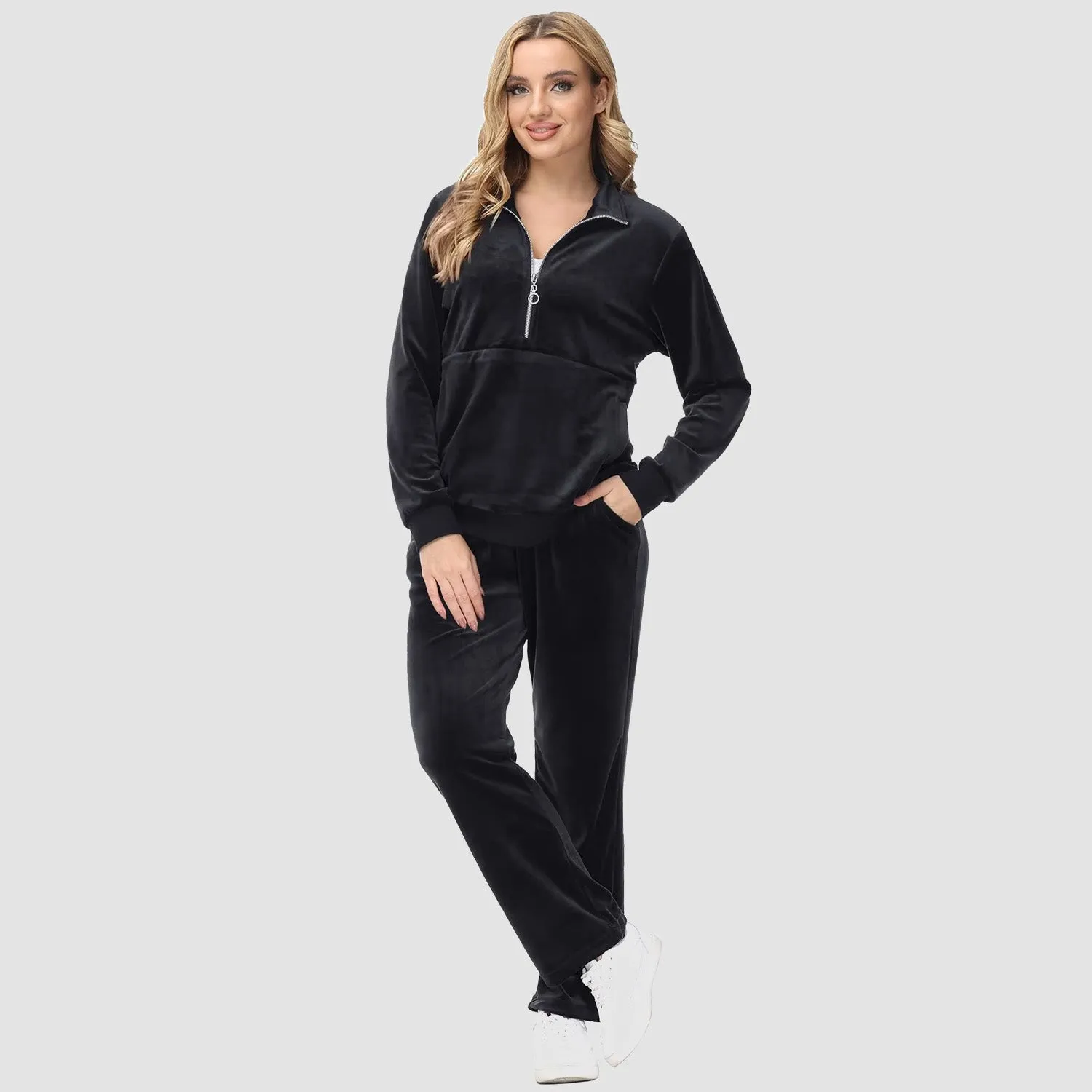 Women's Sweaters Half Zipper Long Sleeve Velour Sweatershirts Fleece Warm